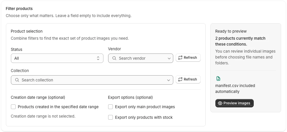 Image Export product selection with collection, status, vendor, and date filters